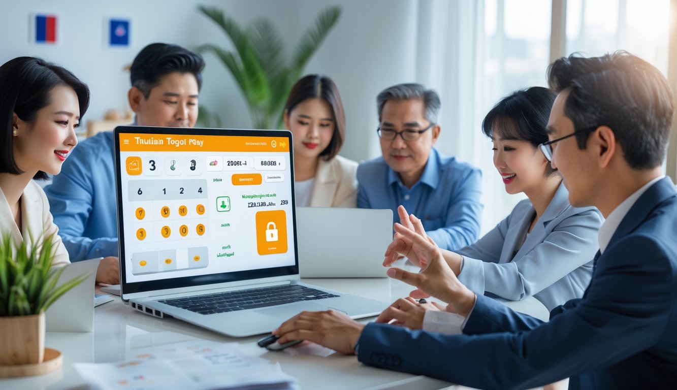 Orang-orang menggunakan laptop di meja kerja dengan latar belakang elemen budaya Thailand, menunjukkan aktivitas bermain togel online dengan suasana aman dan profesional.