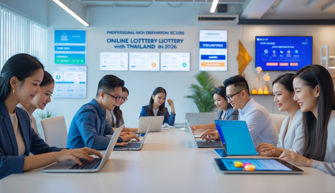 Beberapa orang menggunakan perangkat digital di ruang kerja modern yang terang, fokus pada bermain togel online dengan suasana aman dan terpercaya.