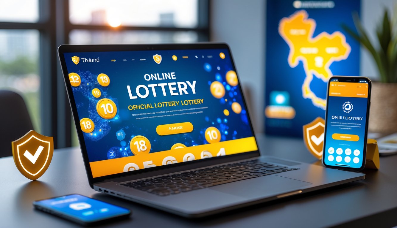Meja kerja dengan laptop yang menampilkan situs lotere online Thailand, dikelilingi ikon keamanan dan peta Thailand di latar belakang.