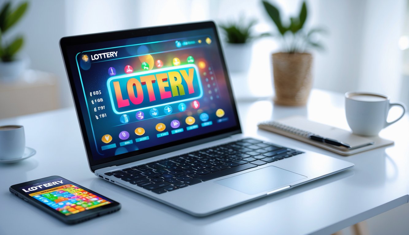 Meja kerja dengan laptop yang menampilkan antarmuka permainan lotre online, smartphone, cangkir kopi, dan buku catatan.