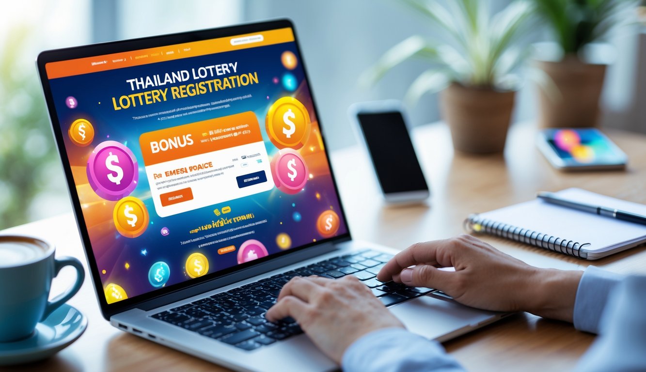 Seseorang sedang mengetik di laptop dengan tampilan situs pendaftaran togel Thailand online di meja kerja yang rapi.