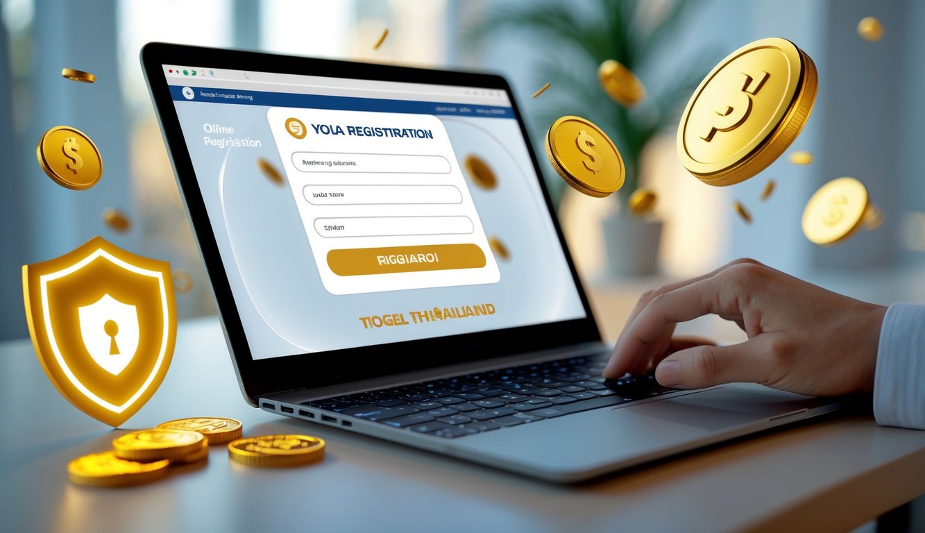Meja kerja dengan laptop yang menampilkan formulir pendaftaran, tangan siap mengetik, dan simbol keamanan serta bonus di sekitarnya.