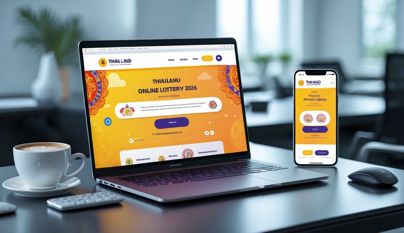 Seorang pengguna duduk di depan laptop dan ponsel yang menampilkan situs togel online Thailand dengan latar kantor yang rapi dan terang.