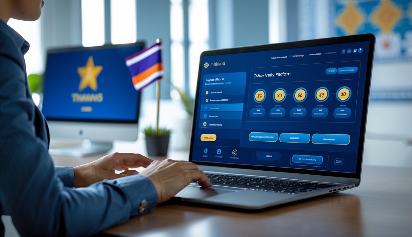Seseorang menggunakan laptop di kantor modern dengan layar menampilkan platform togel online yang aman dan legal, dengan bendera Thailand kecil di meja.