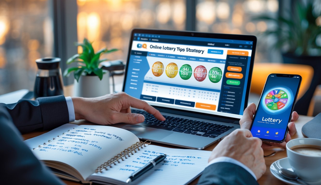 Meja kerja dengan laptop, tangan seseorang menunjuk layar, buku catatan, dan ponsel yang menampilkan aplikasi lotere.