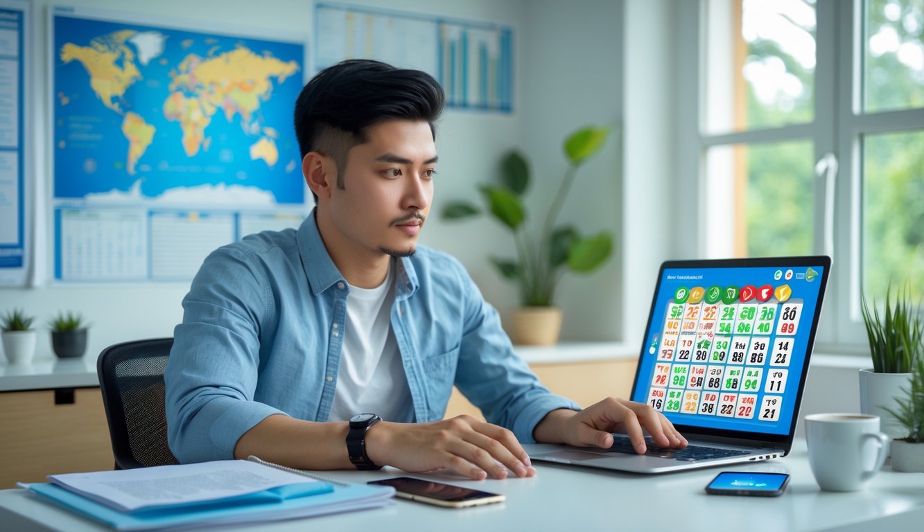 Seorang pria muda duduk di meja kerja dengan laptop, mencatat dan fokus pada layar yang menunjukkan aktivitas togel online.