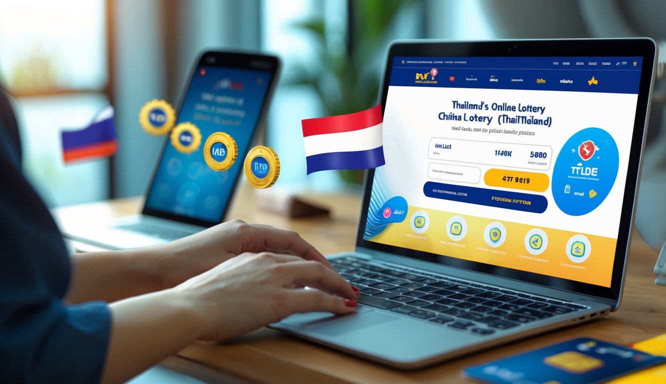 Seseorang menggunakan laptop di meja kerja dengan layar menampilkan antarmuka situs lotere online, dikelilingi oleh elemen pembayaran digital dan dekorasi kecil bergaya Thailand.