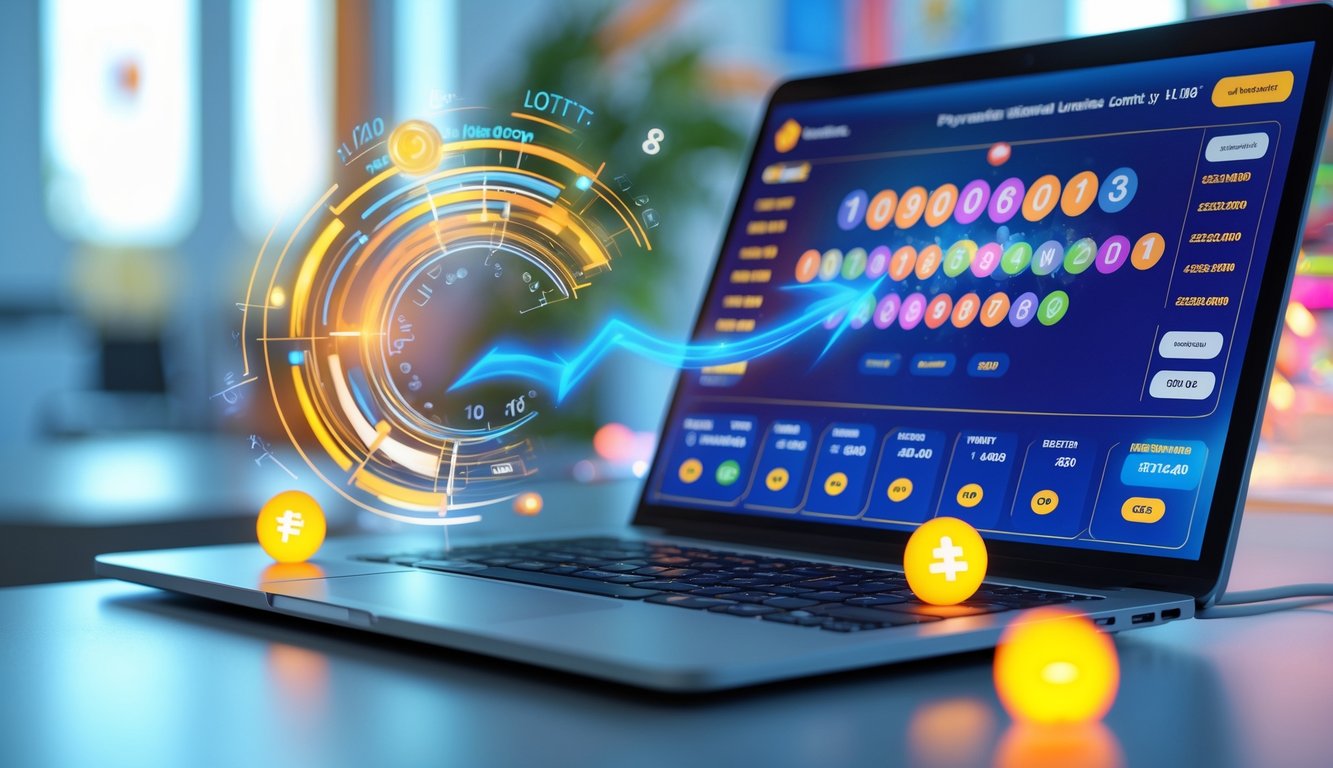 Seorang pengguna sedang melihat layar perangkat dengan tampilan antarmuka togel online Thailand, dikelilingi ikon yang melambangkan transaksi cepat dan aman.