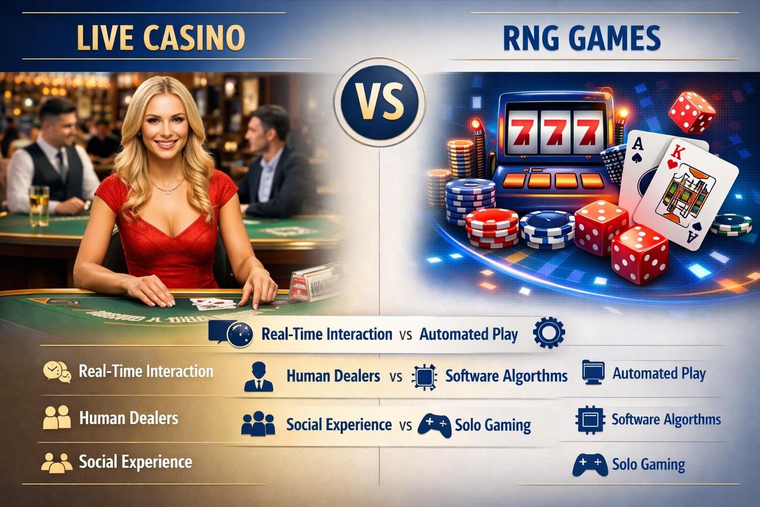 A Split Scene Showing A Live Casino With A Dealer And Players On One Side, And A Digital Gaming Interface With Slot Machines And Virtual Cards On The Other Side.