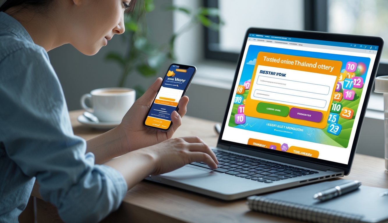 Seorang pemuda sedang duduk di meja dengan laptop dan ponsel, terlihat fokus menggunakan situs togel online di ruang kerja yang rapi dan terang.