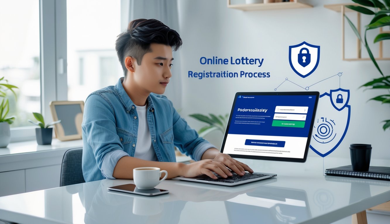 Seorang dewasa muda menggunakan laptop di meja kerja dengan ikon keamanan di latar belakang, menggambarkan proses pendaftaran togel online yang aman dan terpercaya.
