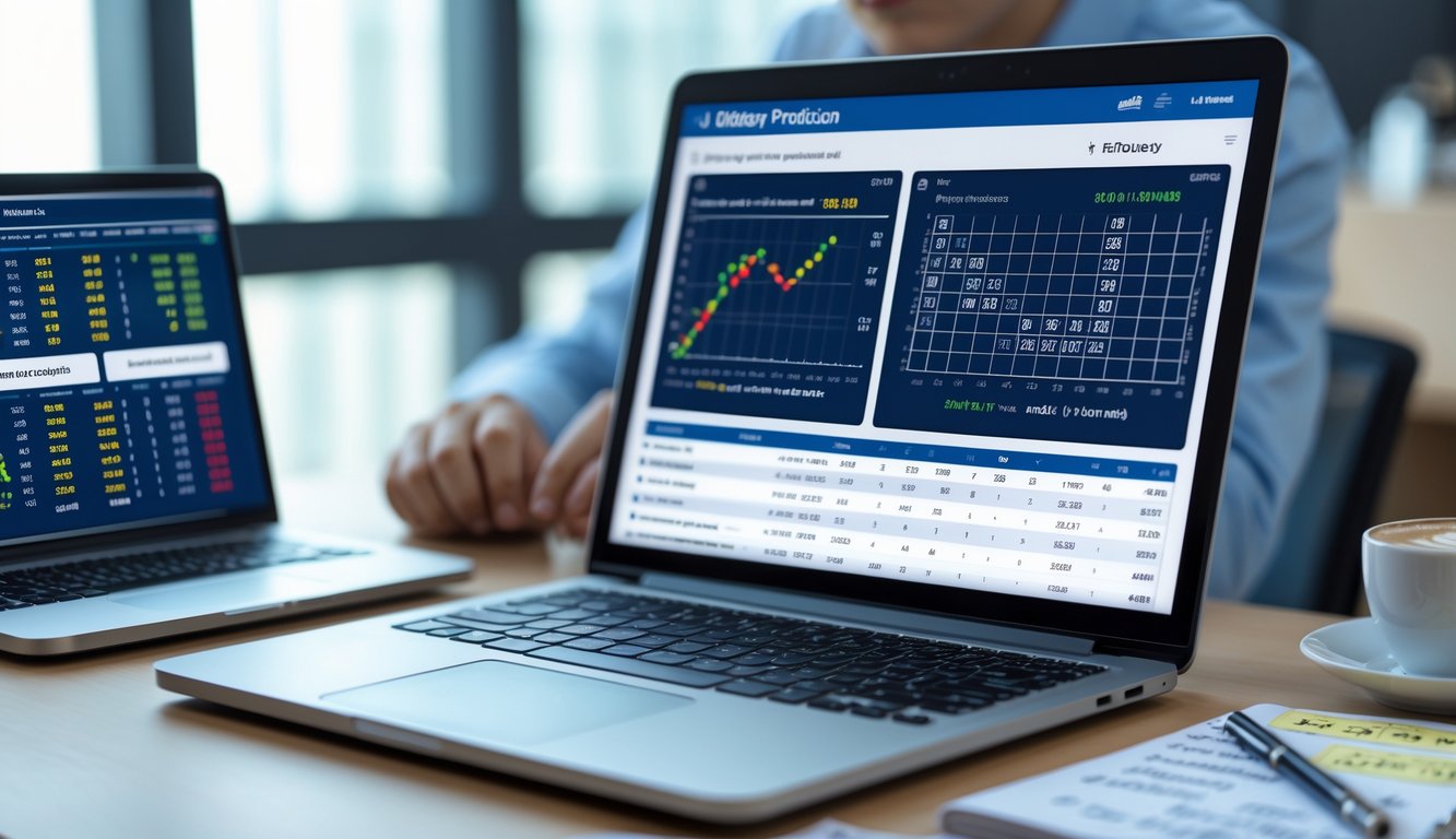 Seorang individu sedang bekerja di depan laptop dengan grafik dan angka terkait prediksi togel Thailand, di meja terdapat ponsel, kopi, dan buku catatan.