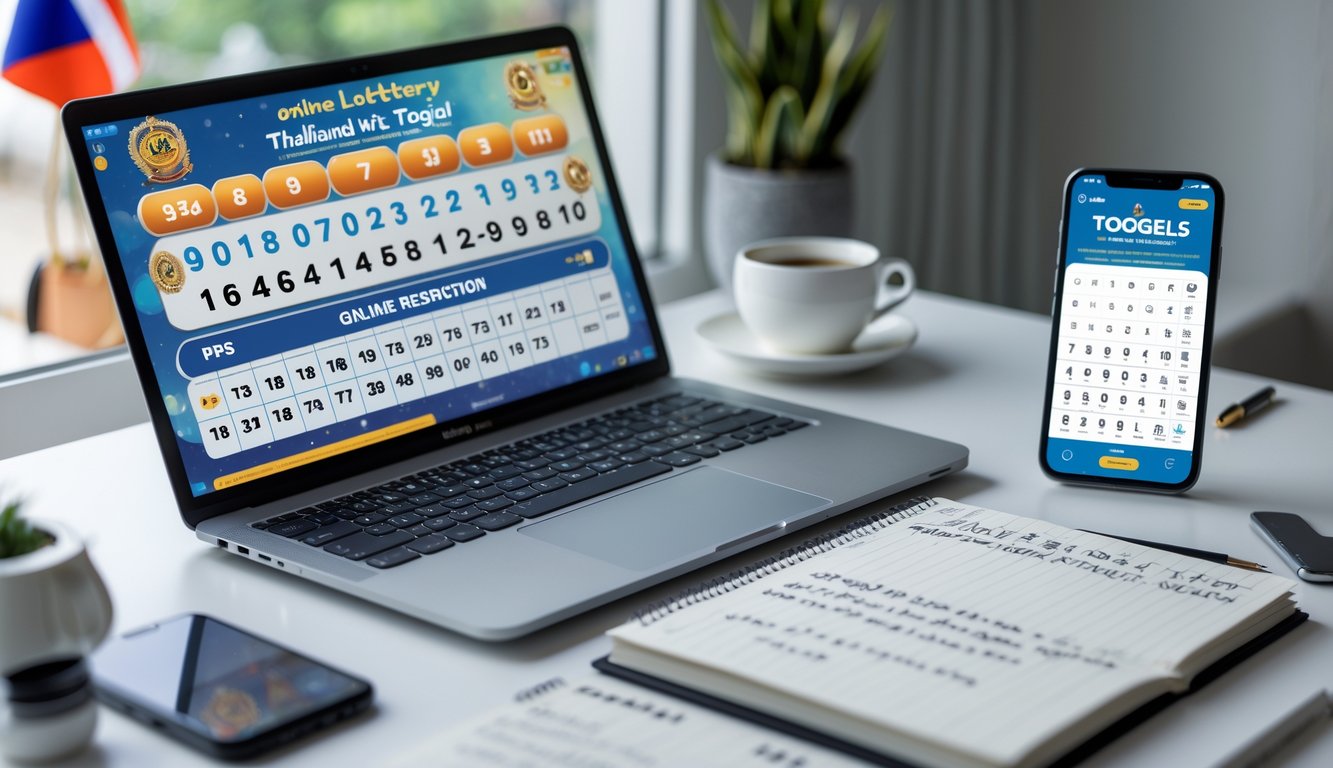 Meja kerja dengan laptop, smartphone, dan buku catatan yang menampilkan prediksi angka togel Thailand secara online.