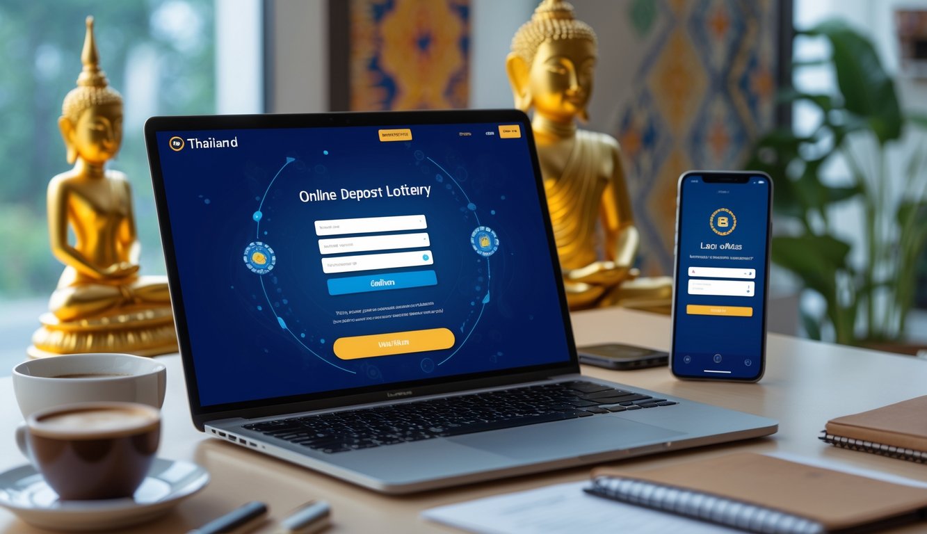 Seorang pengguna sedang mengakses laptop dan ponsel untuk login dan melakukan deposit pada platform online dengan latar belakang elemen budaya Thailand.