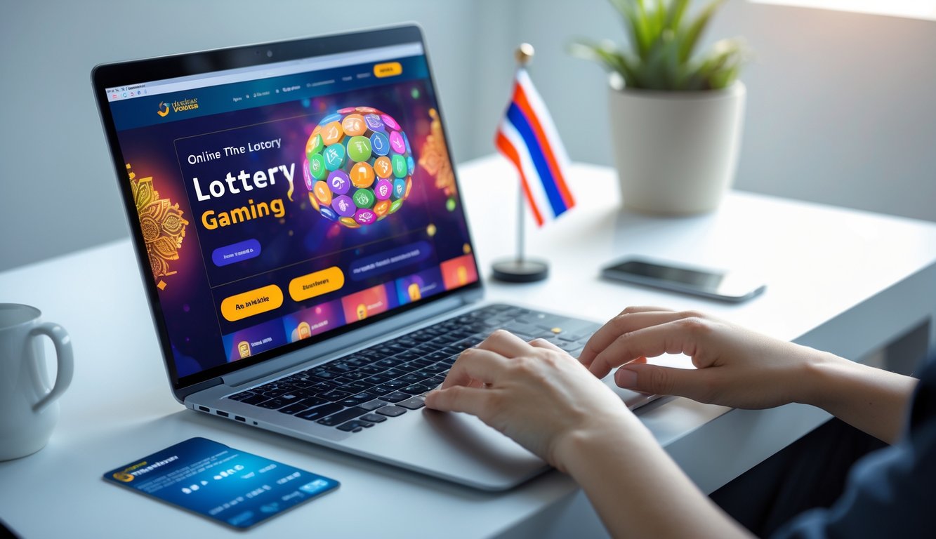 Meja kerja modern dengan laptop yang menampilkan situs togel online, tangan seseorang sedang mengetik, dan ponsel serta kartu kredit di atas meja.