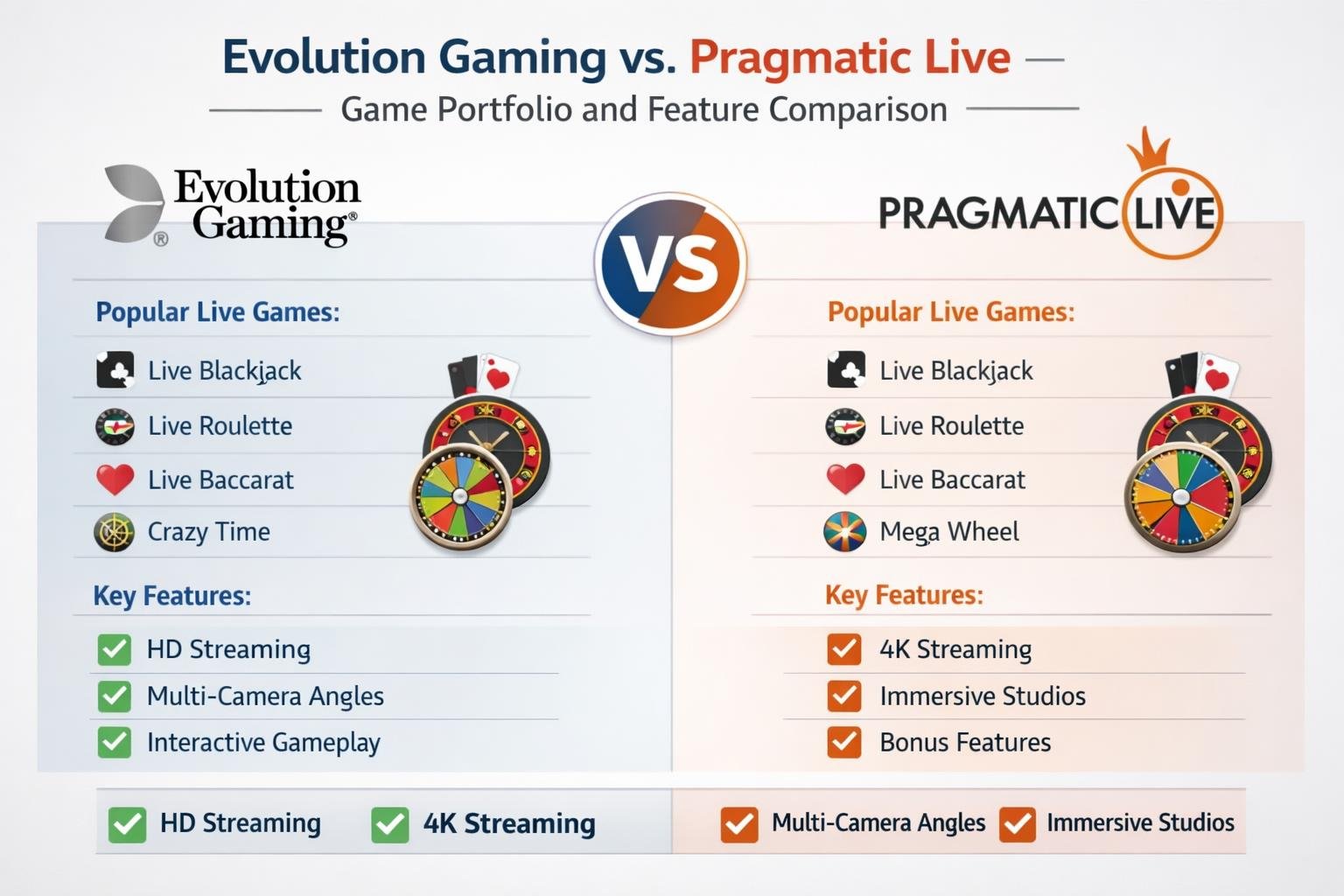 SideBySide Illustration Comparing Two Live Casino Game Providers, Showing Live Dealers, Gaming Tables, Chips, And Roulette Wheels On Each Side.