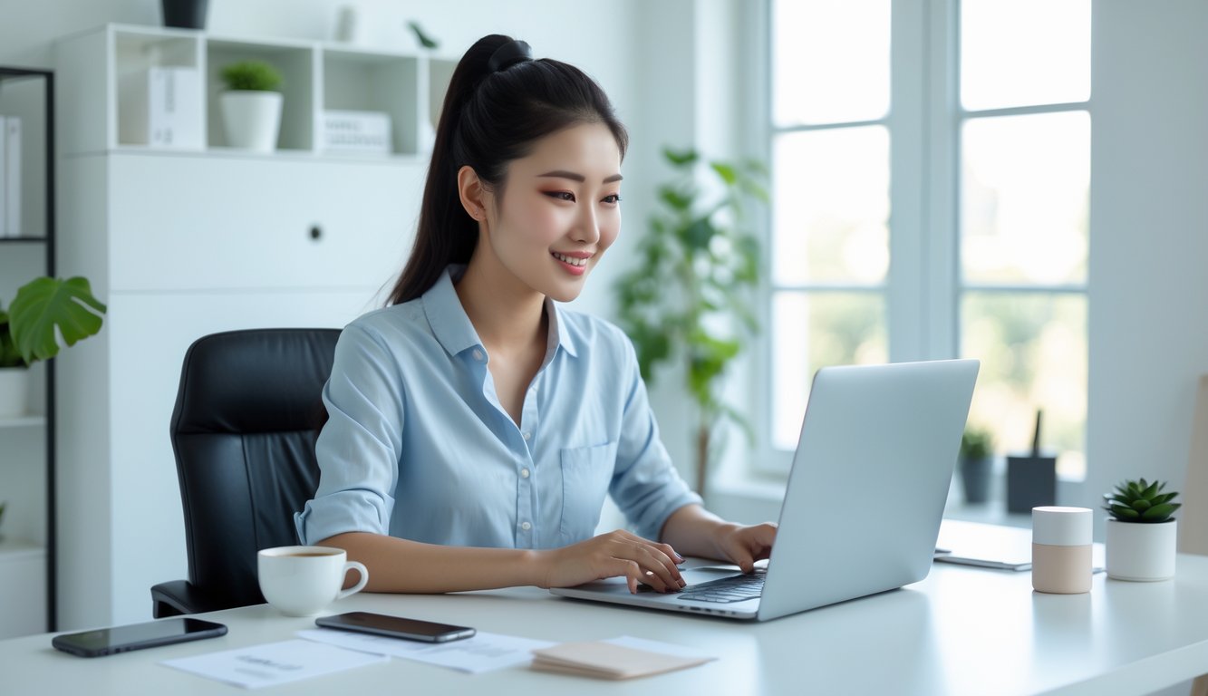 Seorang wanita muda Asia duduk di meja kerja modern menggunakan laptop dengan ekspresi fokus dan puas di ruang kantor rumah yang terang dan rapi.