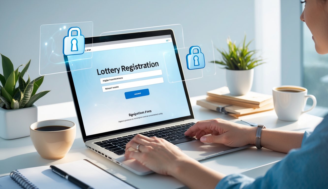 Seseorang sedang menggunakan laptop di meja kerja yang rapi dengan ponsel dan secangkir kopi di sampingnya, menunjukkan proses pendaftaran online yang aman dan mudah.