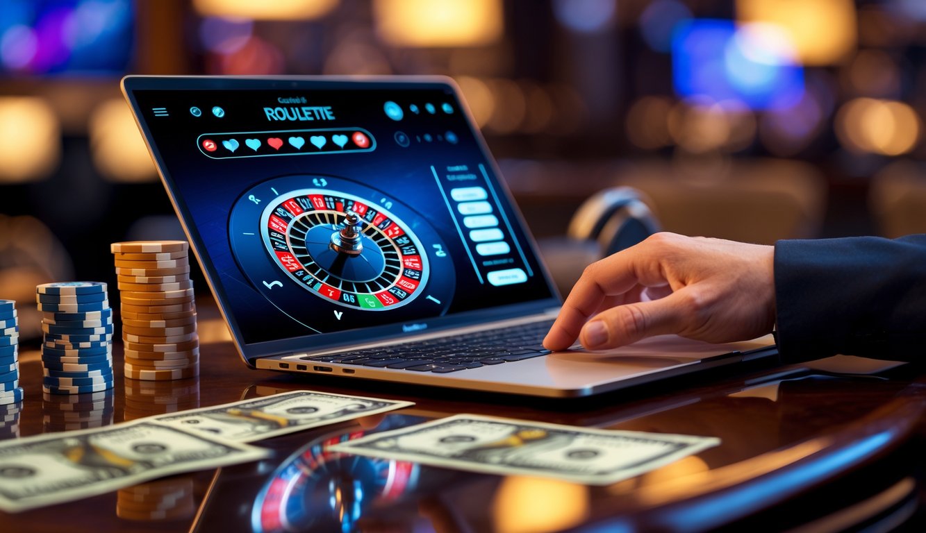 Seorang pemain sedang menggunakan laptop dengan tampilan roda roulette online dan chip kasino di atas meja kayu.
