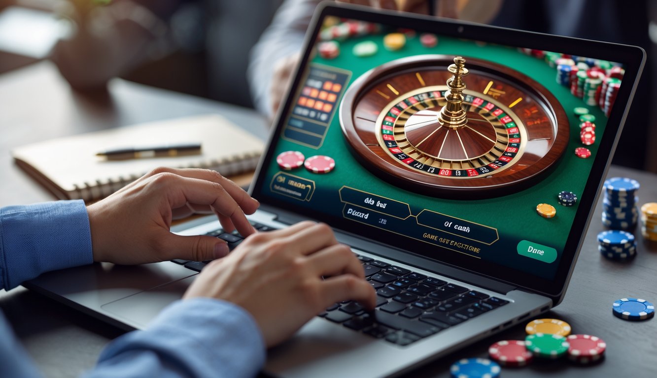 Seseorang menggunakan komputer dengan tampilan roda roulette dan chip taruhan di meja, sedang bermain roulette online.