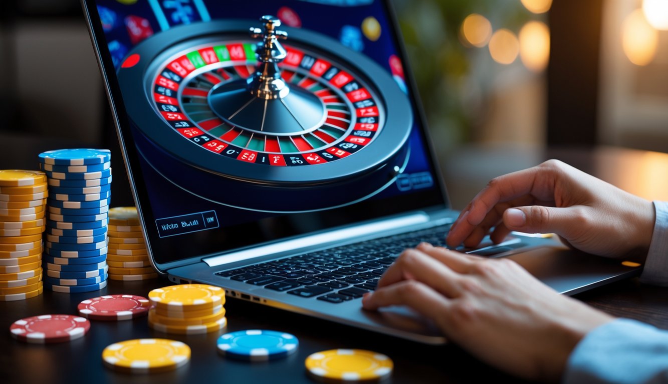 Seseorang sedang bermain roulette online di laptop dengan tumpukan chip dan roda roulette digital yang berputar.