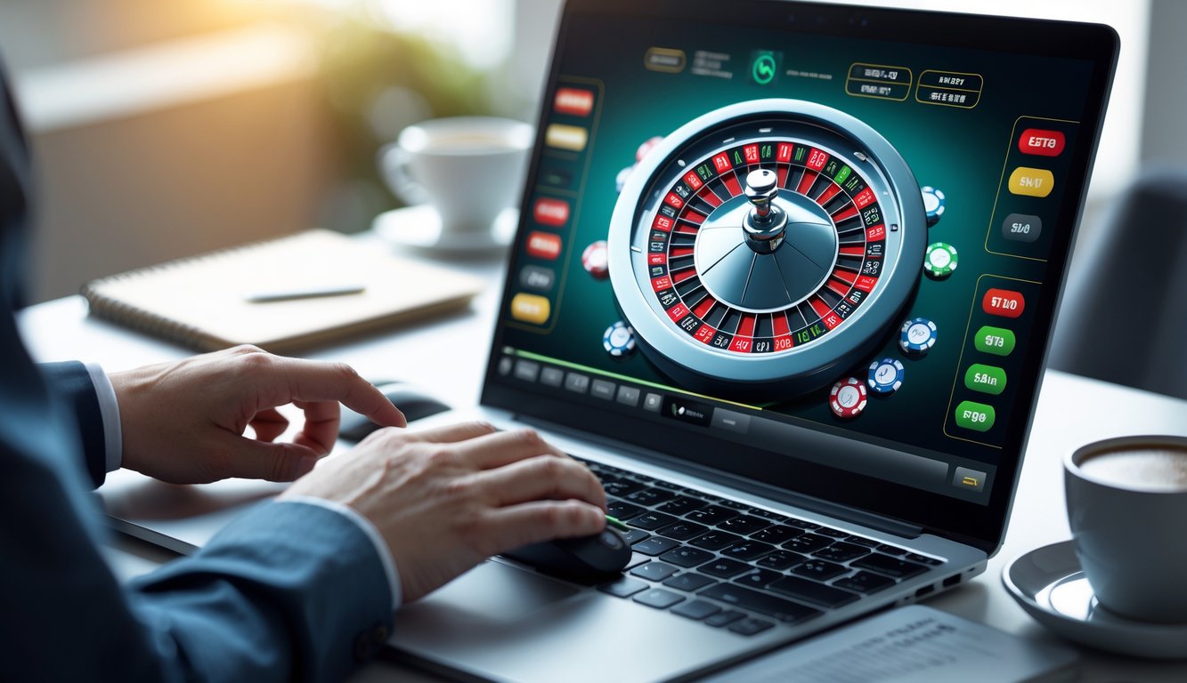 Seseorang bermain roulette online dengan roda roulette digital di layar komputer dan meja kerja dengan catatan dan kopi.