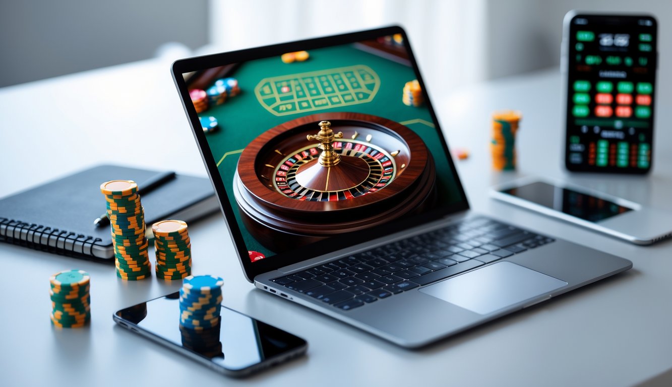 Sebuah meja kerja dengan komputer menampilkan roda roulette online yang sedang berputar dan beberapa chip taruhan di sekitarnya, dengan alat tulis dan ponsel di sampingnya.