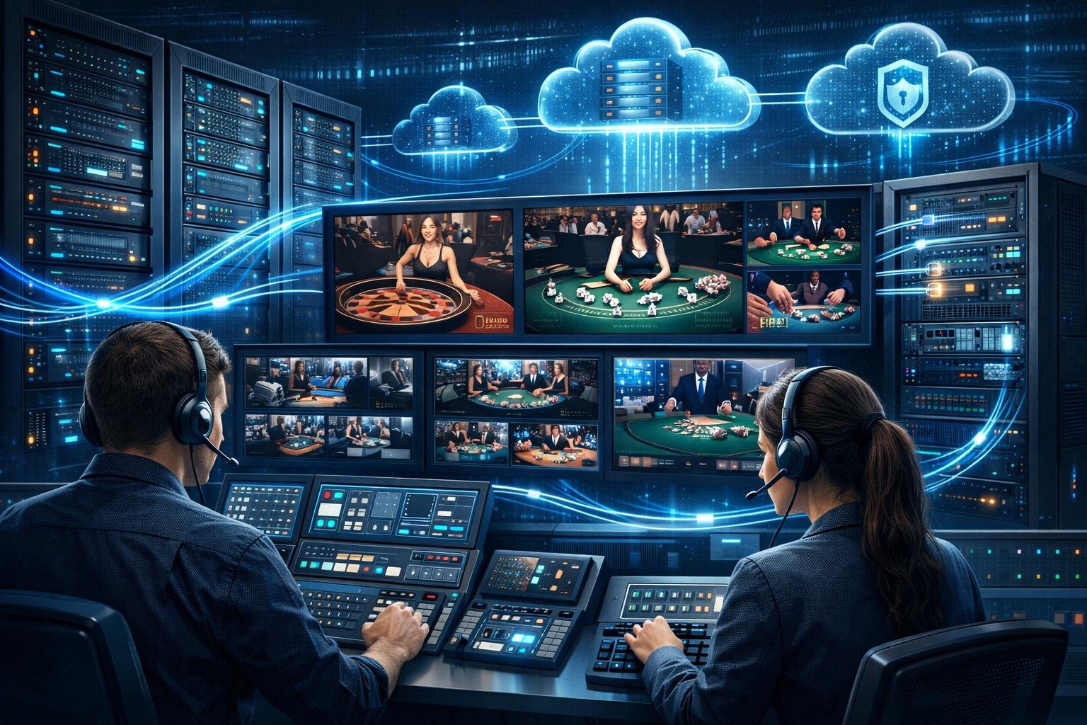 A Control Room Showing Monitors With Live Casino Games, Network Servers With Glowing Lights, And Technicians Managing Streaming Technology.