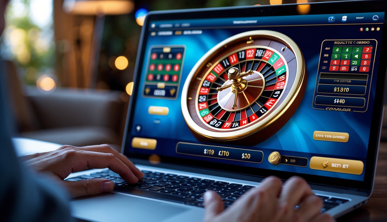 Seseorang sedang bermain roulette online di komputer dengan tampilan roda roulette yang berputar di layar.