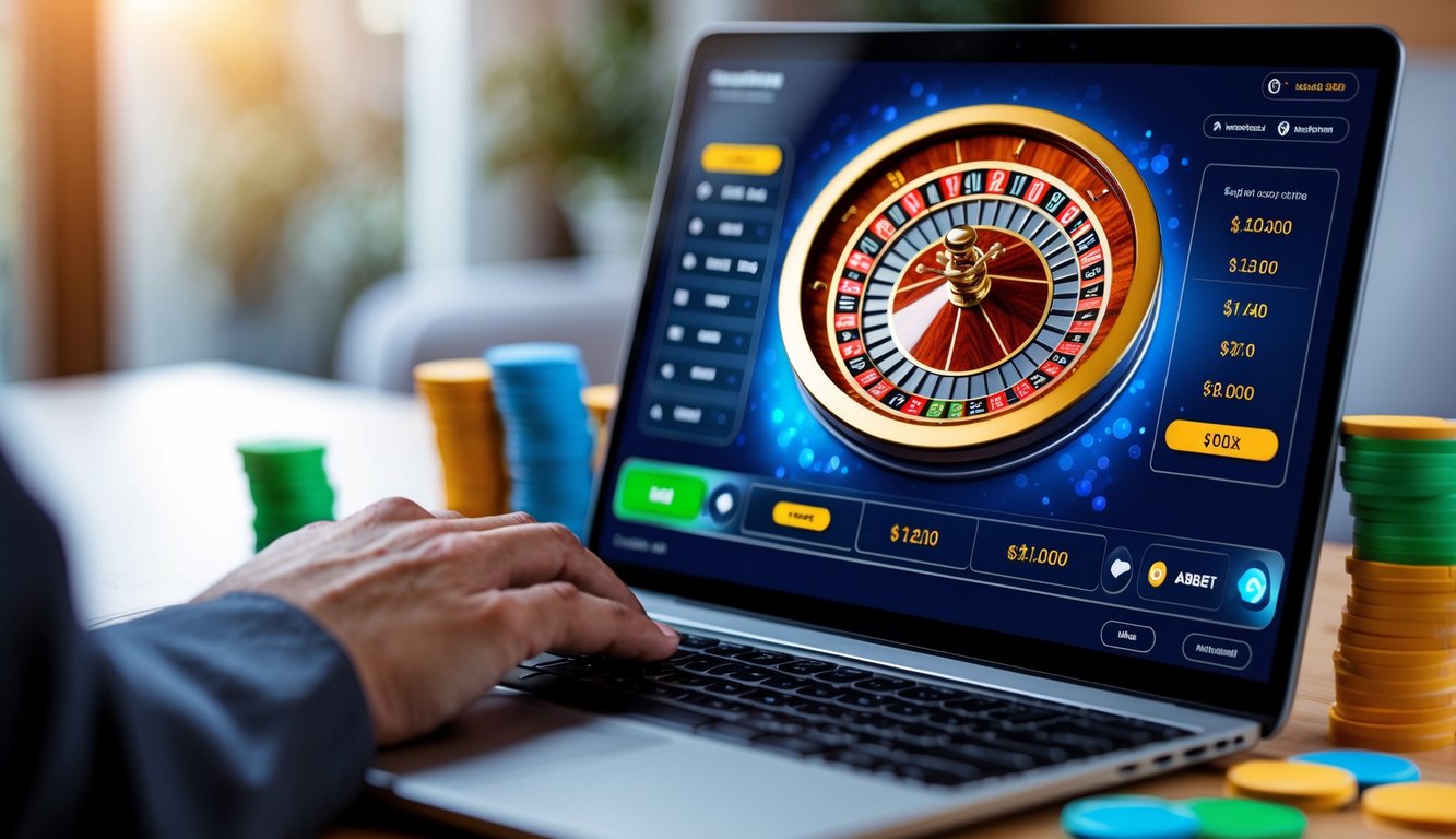 Seseorang sedang bermain roulette online dengan laptop dan tumpukan chip di meja dalam suasana ruangan yang nyaman.