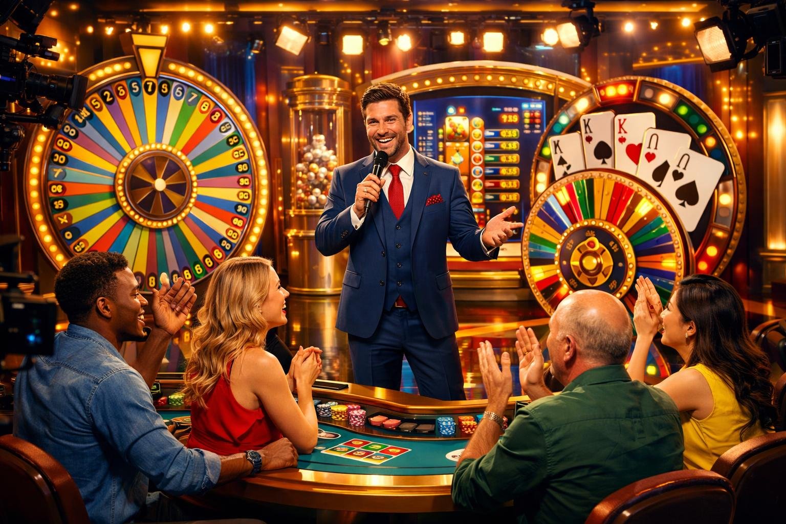 A Casino Game Show Scene With A Host, Players At Tables, Spinning Wheels, And Bright Lights In A Lively Studio Setting.
