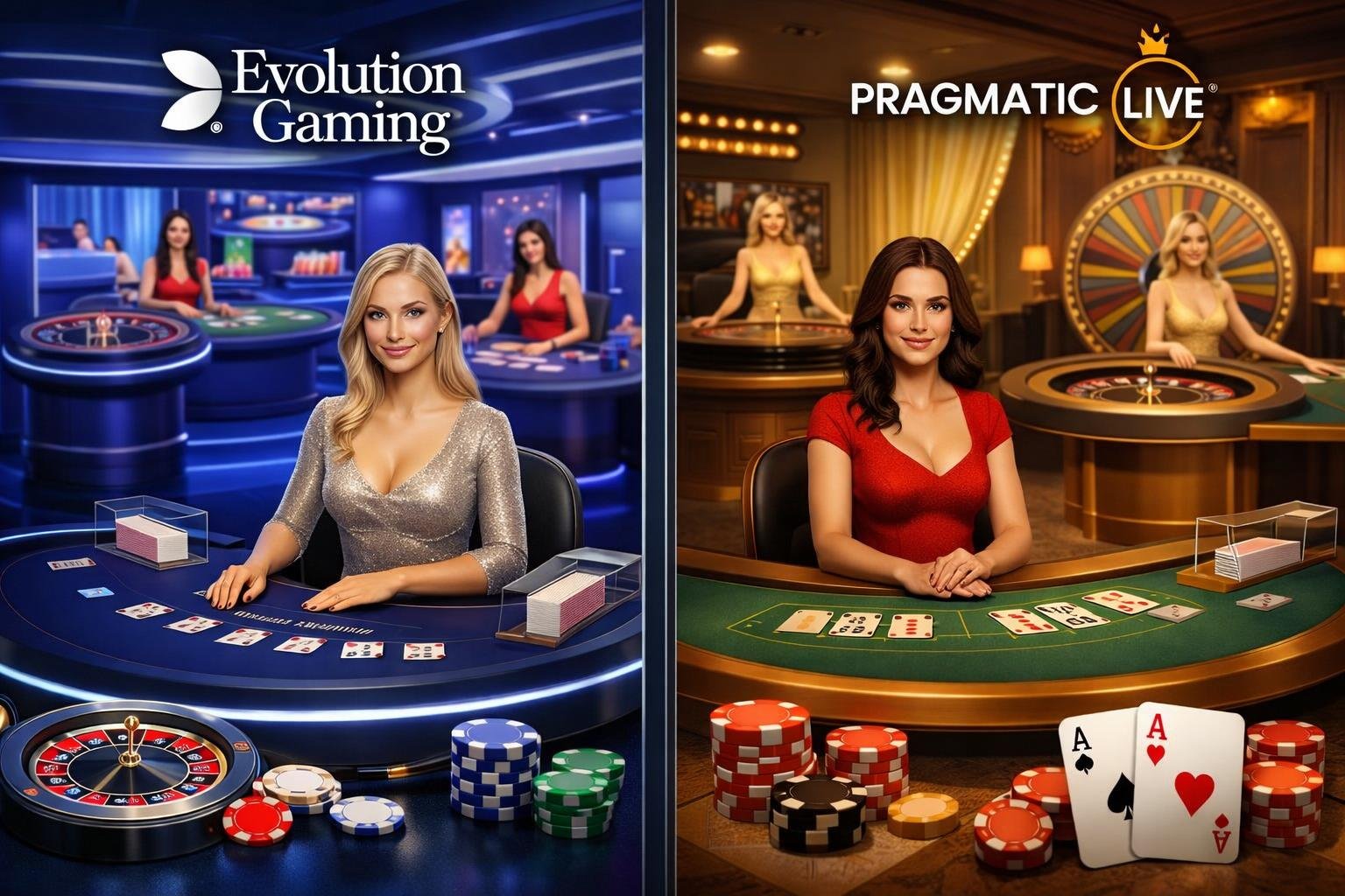 Two SideBySide Live Casino Studios, One Representing Evolution Gaming With A Modern HighTech Look, And The Other Representing Pragmatic Live With A Warm And Sophisticated Atmosphere, Each Featuring Dealer Tables And Casino Gaming Elements.