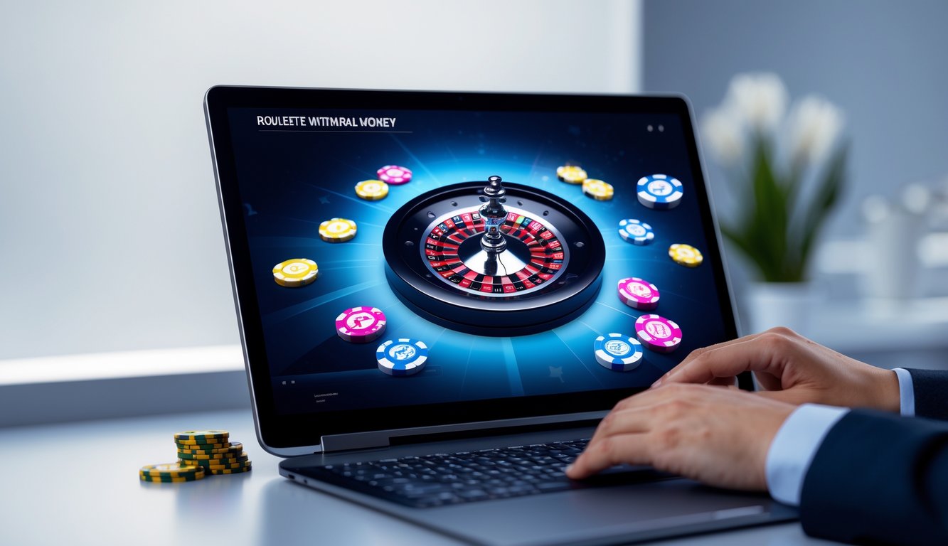 Seseorang menggunakan komputer dengan tampilan roda roulette dan chip taruhan digital, menunjukkan aktivitas berjudi online dengan uang asli.