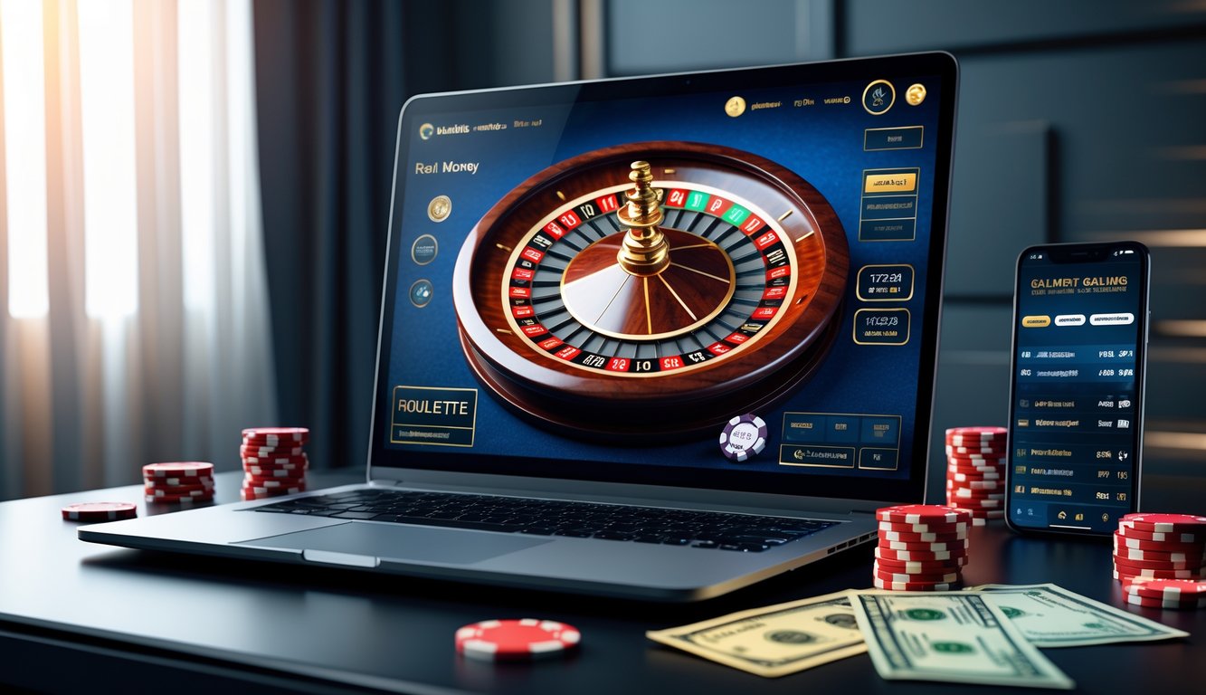 Seorang laptop menampilkan permainan roulette online dengan chip poker dan uang di sekitarnya di sebuah meja di ruangan yang terang redup.