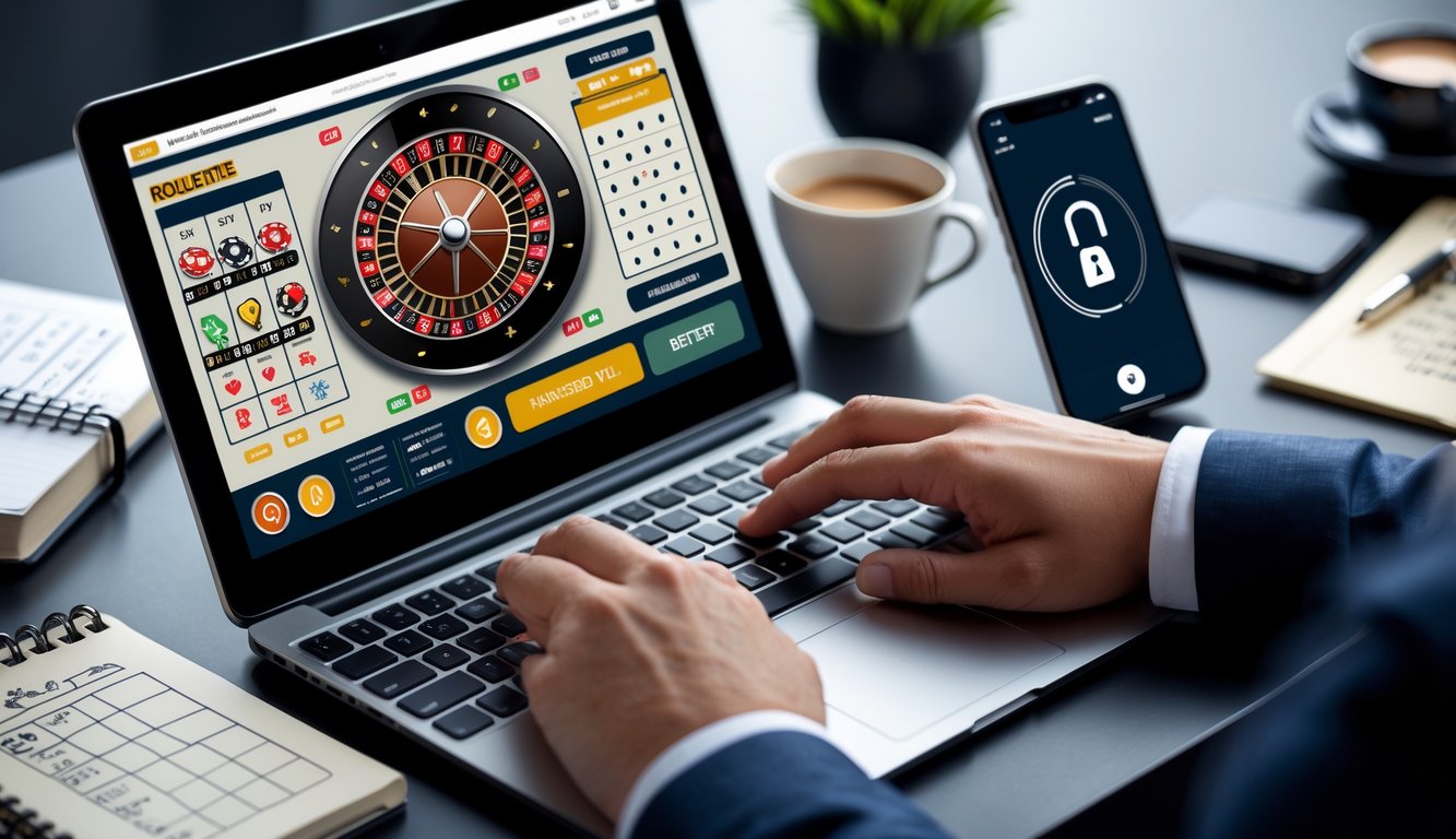Seseorang menggunakan laptop dengan tampilan roda roulette online, dikelilingi catatan strategi dan ponsel yang menunjukkan situs aman.