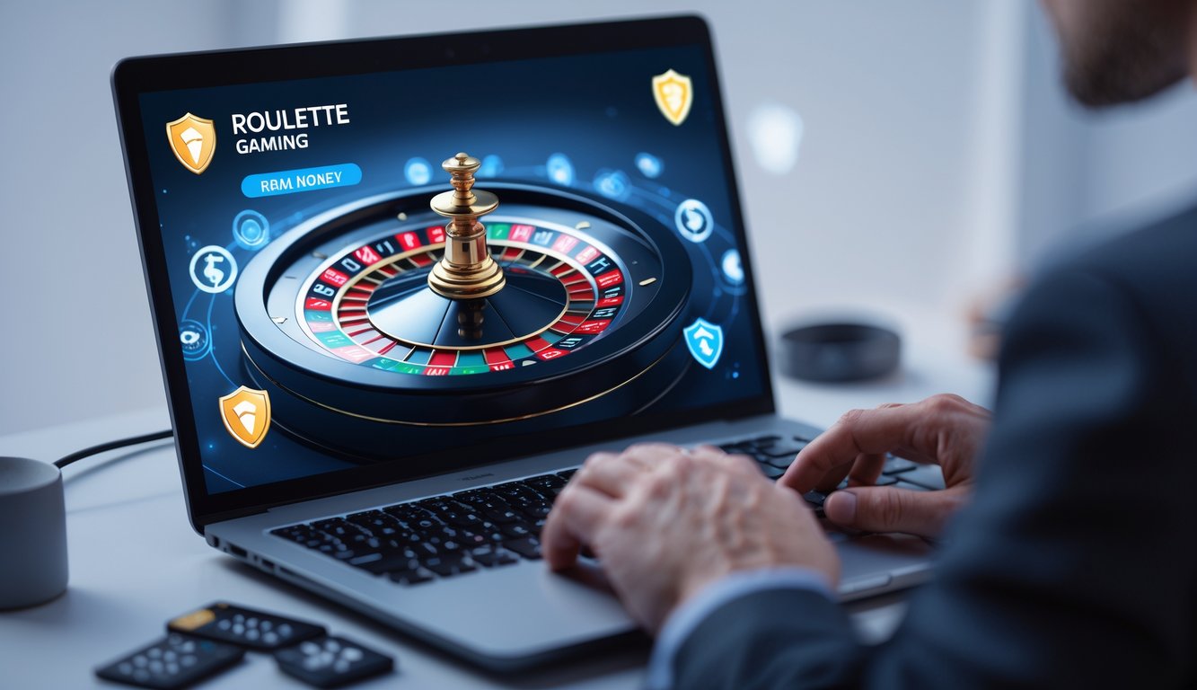 Seseorang bermain roulette online dengan komputer di meja kerja yang rapi, menampilkan roda roulette di layar.