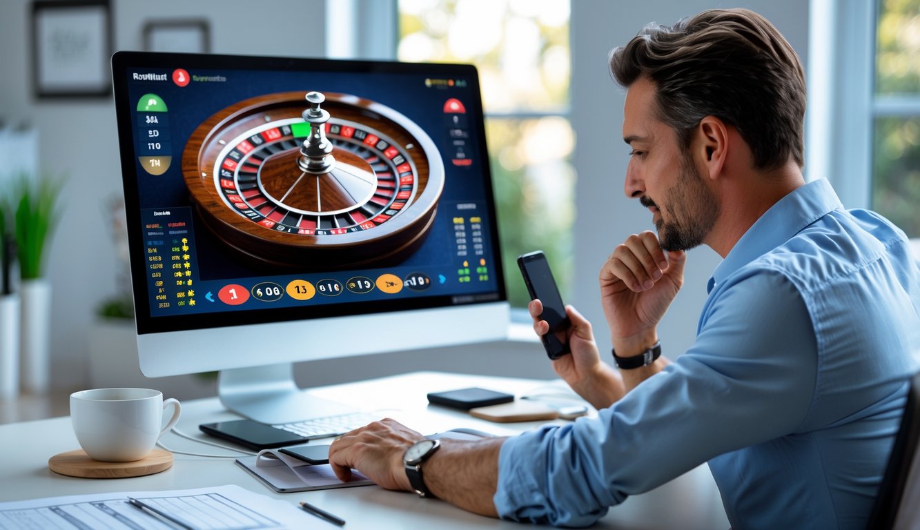 Seseorang sedang bermain roulette online menggunakan komputer dengan suasana fokus dan peralatan pendukung di meja.
