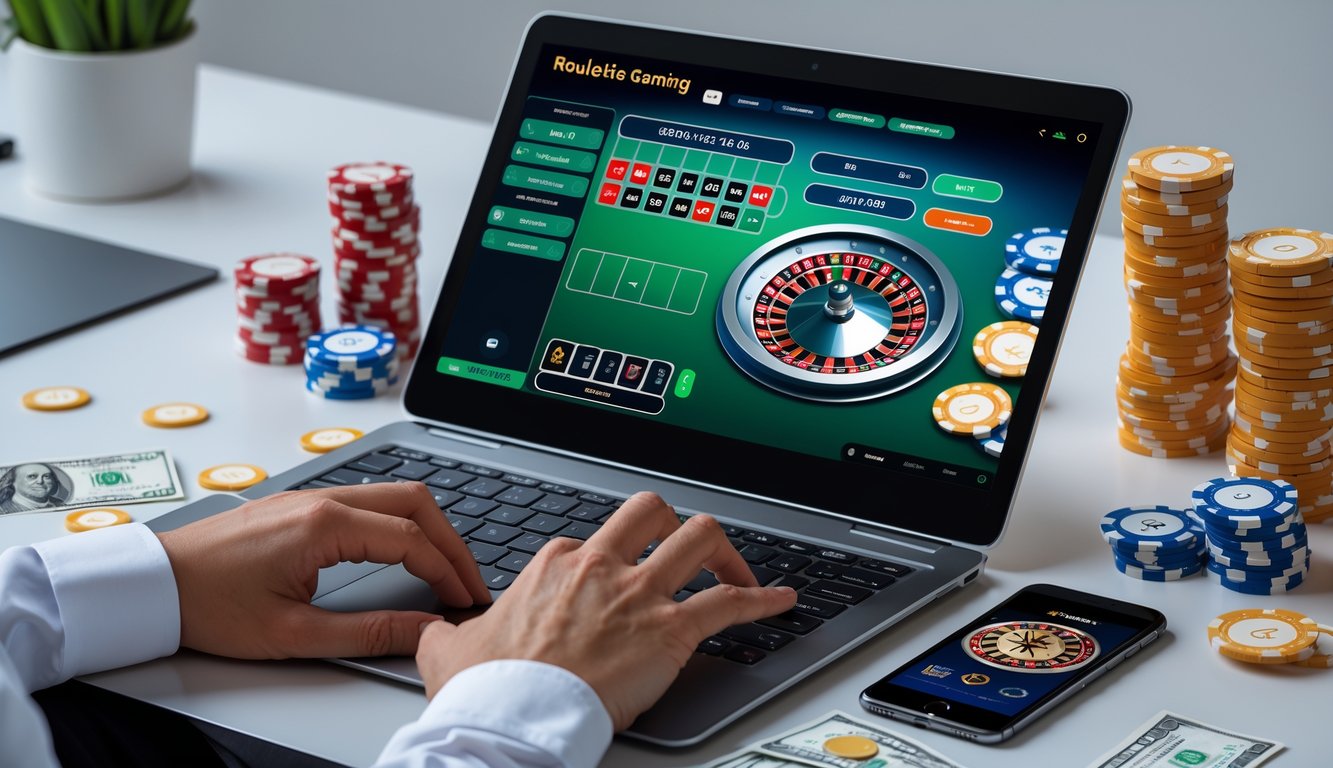 Seseorang bermain roulette online dengan komputer dan tumpukan chip poker di meja.