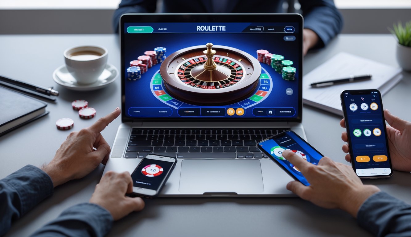 Seseorang sedang bermain roulette online dengan laptop, smartphone, dan tablet di meja kerja yang rapi.
