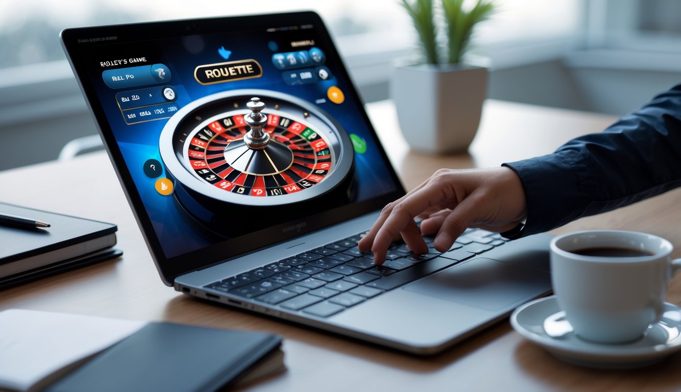 Seseorang sedang bermain roulette online di laptop dengan meja kerja minimalis di latar belakang.