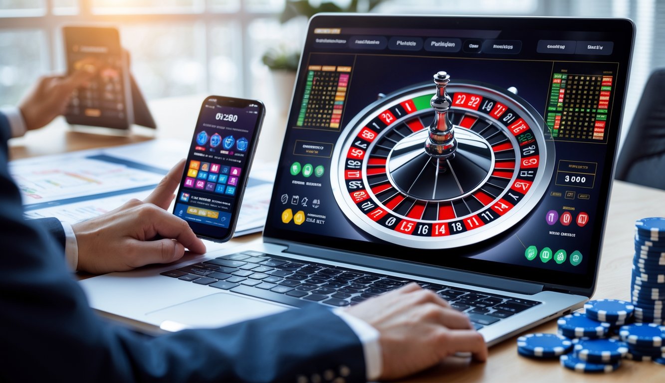 Seseorang sedang menganalisis permainan roulette online dengan komputer dan chip taruhan di meja kerja.