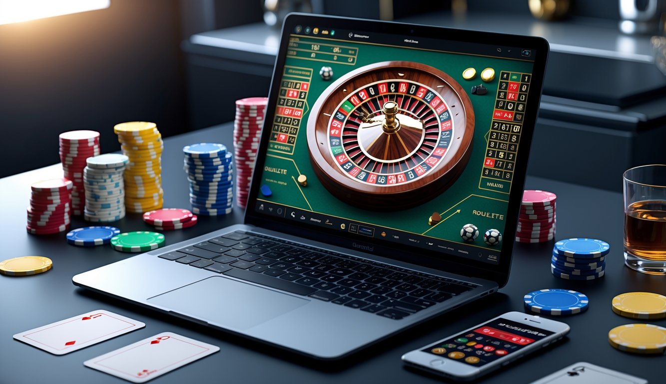 Seorang pemain duduk di depan komputer dengan tampilan roda roulette digital, dikelilingi oleh chip poker dan ponsel yang menampilkan aplikasi taruhan.