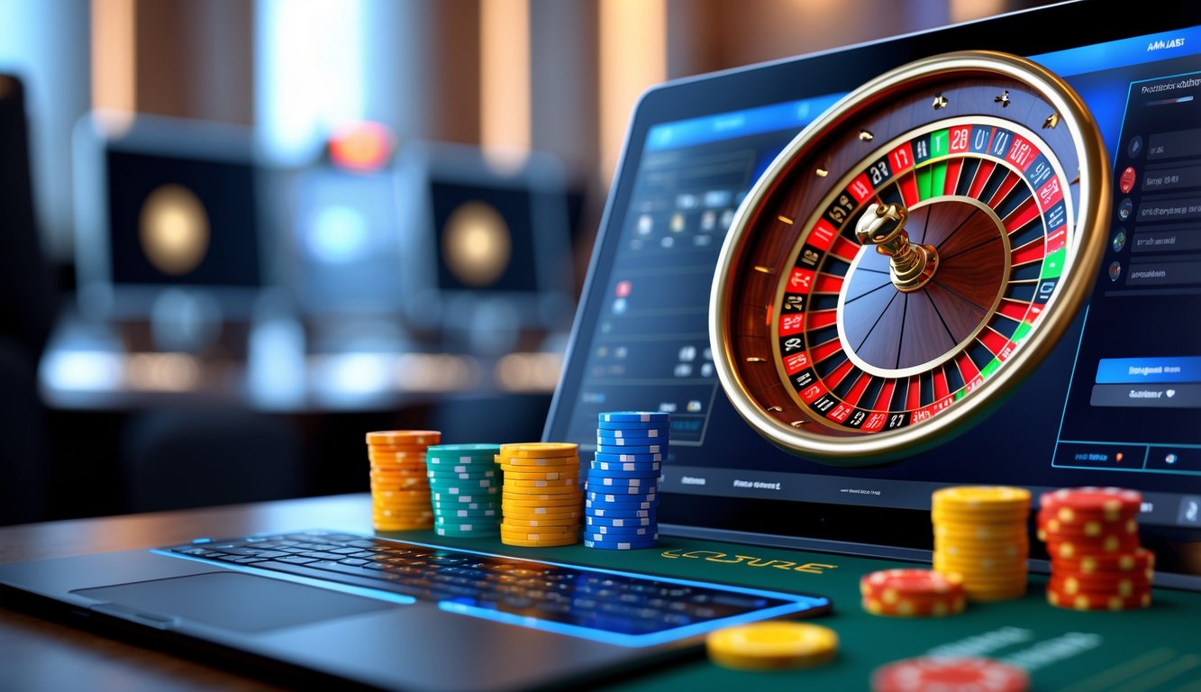 Layar komputer menampilkan permainan roulette online dengan roda roulette yang berputar dan chip warna-warni di meja taruhan dalam suasana kasino digital yang modern dan aman.