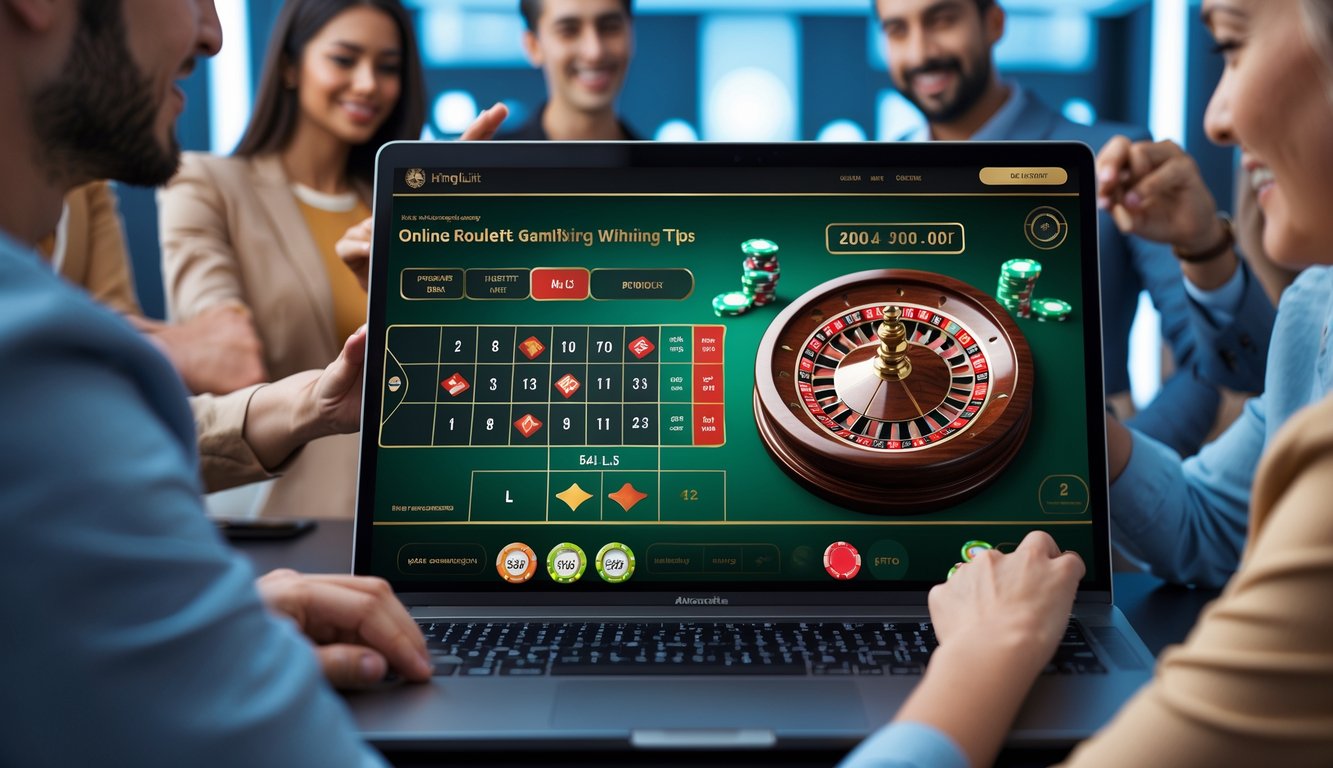 Orang-orang bermain roulette online dengan antusias di depan layar komputer dalam suasana kasino digital yang modern.