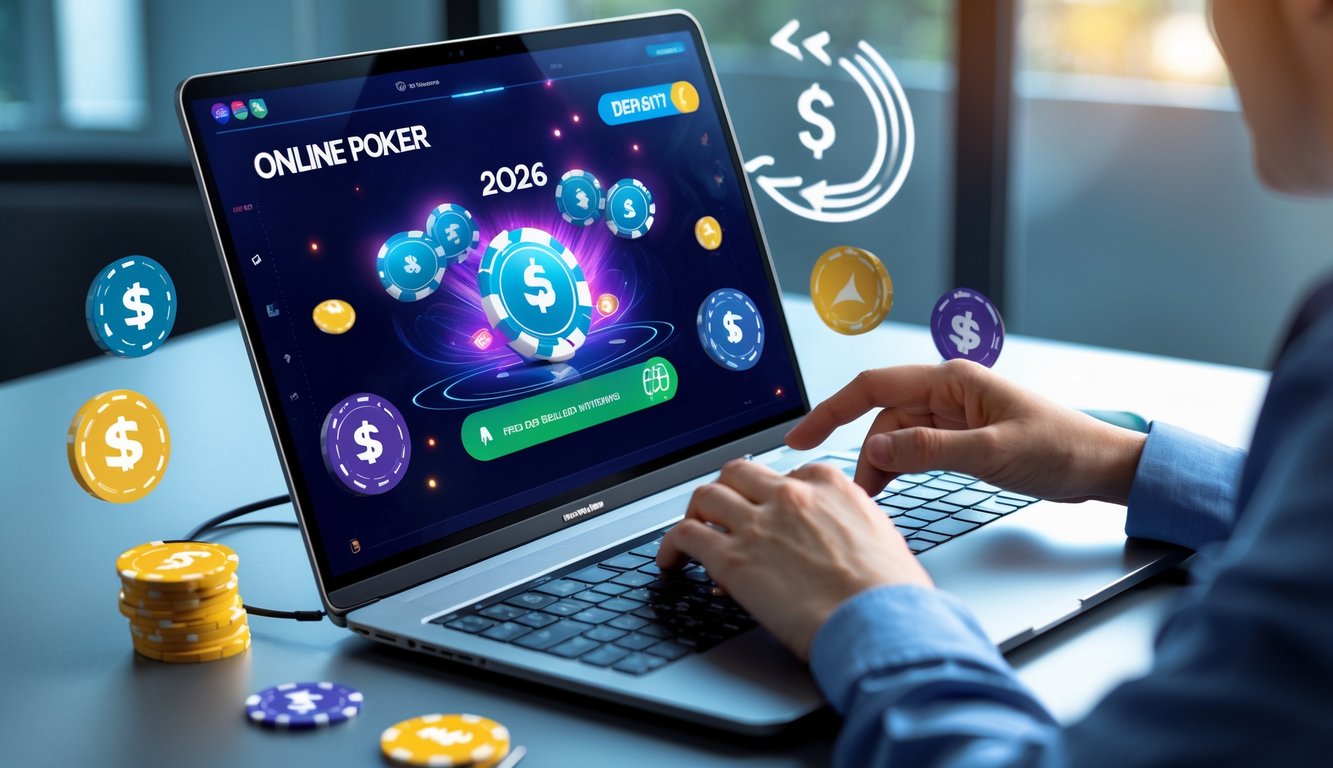 Seseorang menggunakan komputer dengan tampilan permainan poker online dan chip poker di layar.