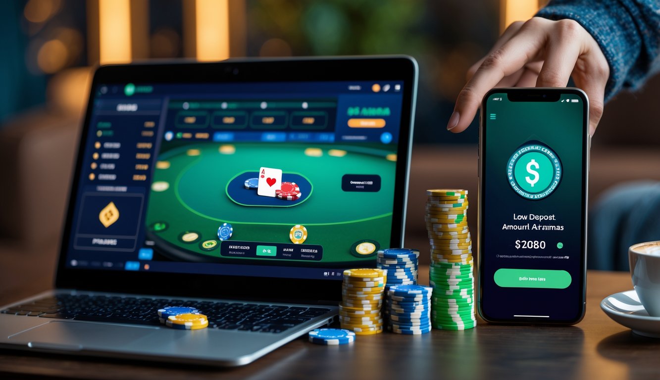 Seorang pemain poker online menggunakan laptop dan smartphone dengan tumpukan chip poker di meja, di ruang santai yang nyaman.