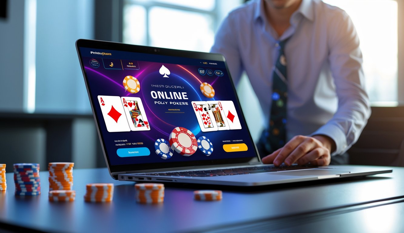 Seseorang menggunakan komputer dengan tampilan permainan poker online yang menampilkan chip dan kartu di layar.
