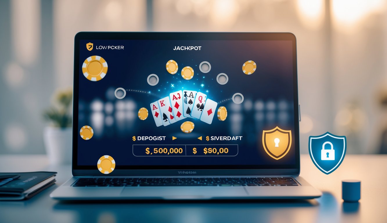 Seorang pemain poker online sedang bermain di laptop dengan tampilan kartu dan chip poker, di latar belakang suasana yang nyaman dan aman.