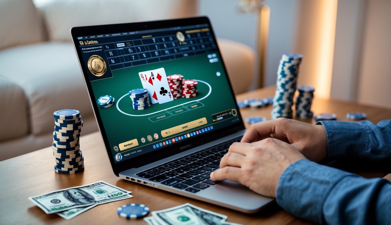 Seorang pemain poker online menggunakan laptop dengan tumpukan chip dan uang di meja, menunjukkan suasana bermain poker dengan kemenangan besar.