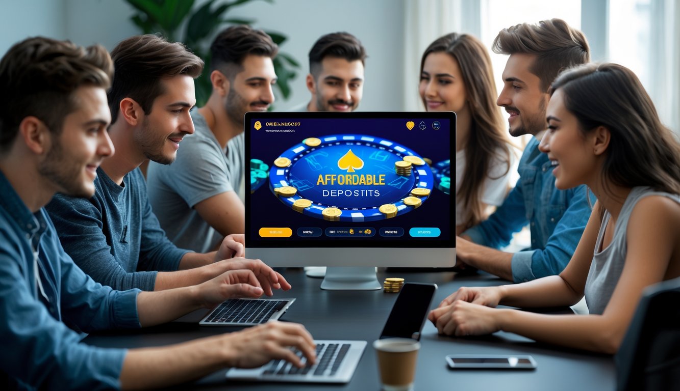 Beberapa orang muda sedang bermain poker online di depan laptop di ruang kerja yang nyaman dengan suasana fokus dan antusias.